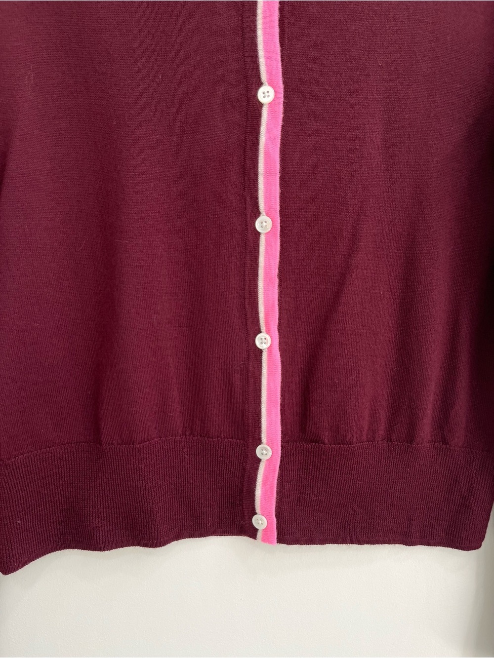 J. Crew Tipped Jackie Wool Cardigan Sweater Burgundy/Pink Large E8551 - Picture 4 of 7